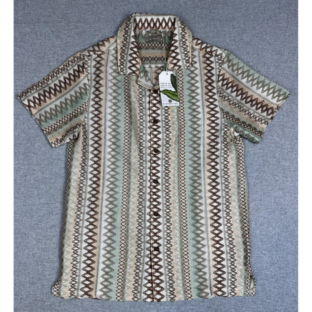 Distortion Polo‎ Shirt Mens Small Brown Green Geometric Knit Short Sleeve Retro